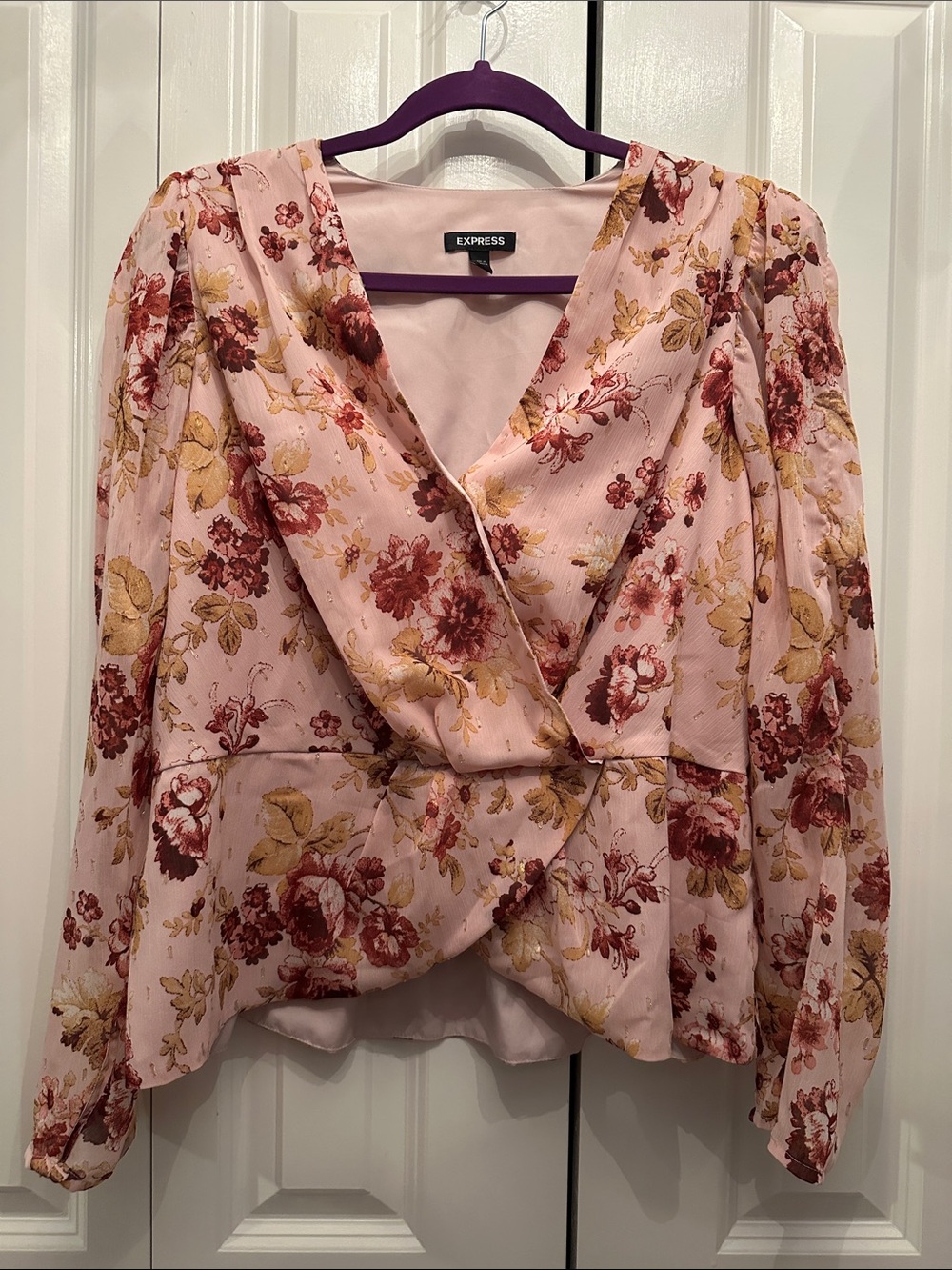 Express Pink Floral Faux-Wrap Blouse with Long Sleeves XL